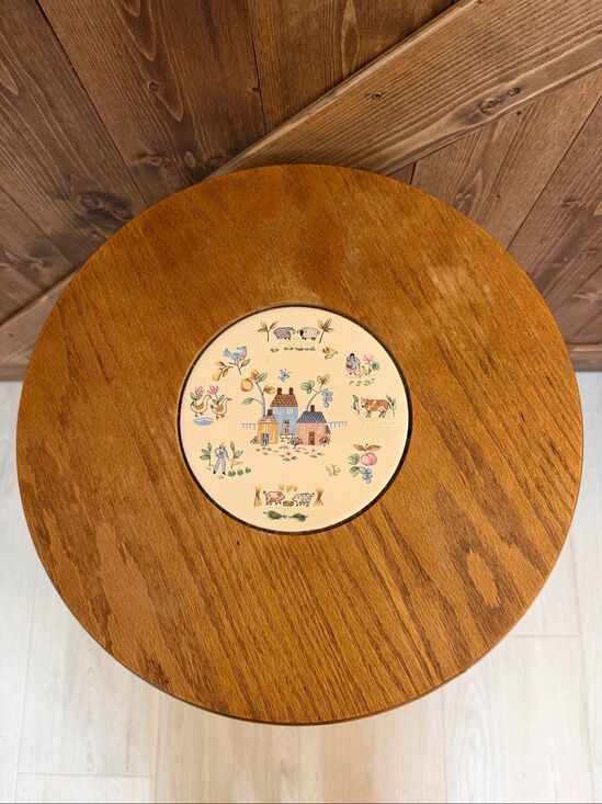 Good Wood Other - VTG Good Wood Japan Wooden Lazy Susan Serving Tray Ceramic Tile Farm Scene (9520